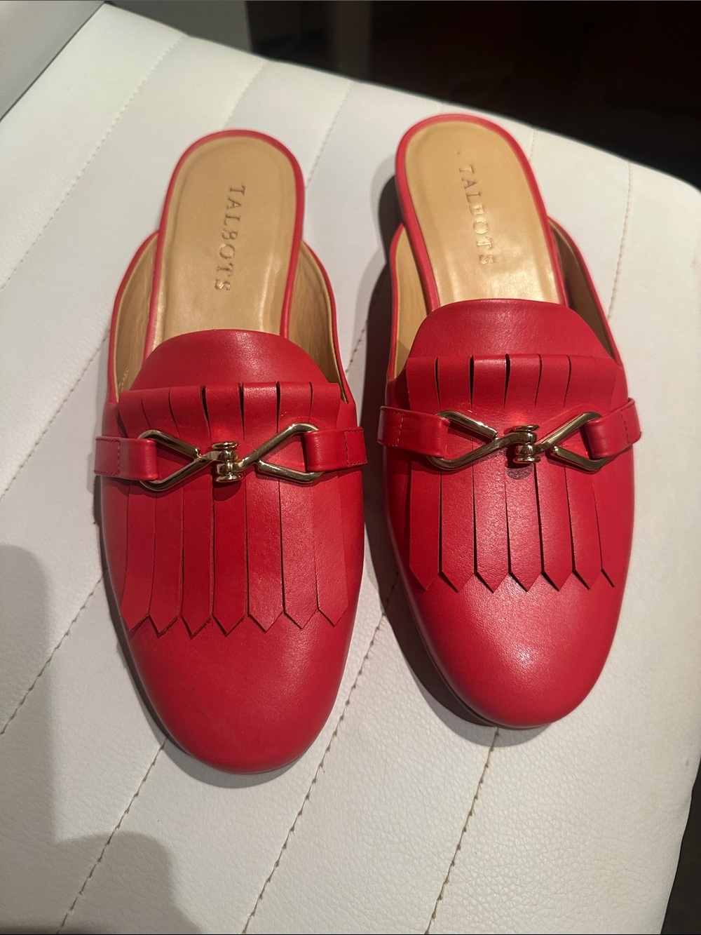 Talbots Red Leather Fringe Slip-On Mules with Gold Accent new